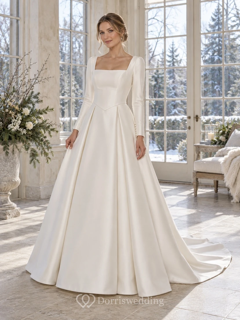 Vestido de novia sencillo de corte A con escote cuadrado y manga larga en satén vasco