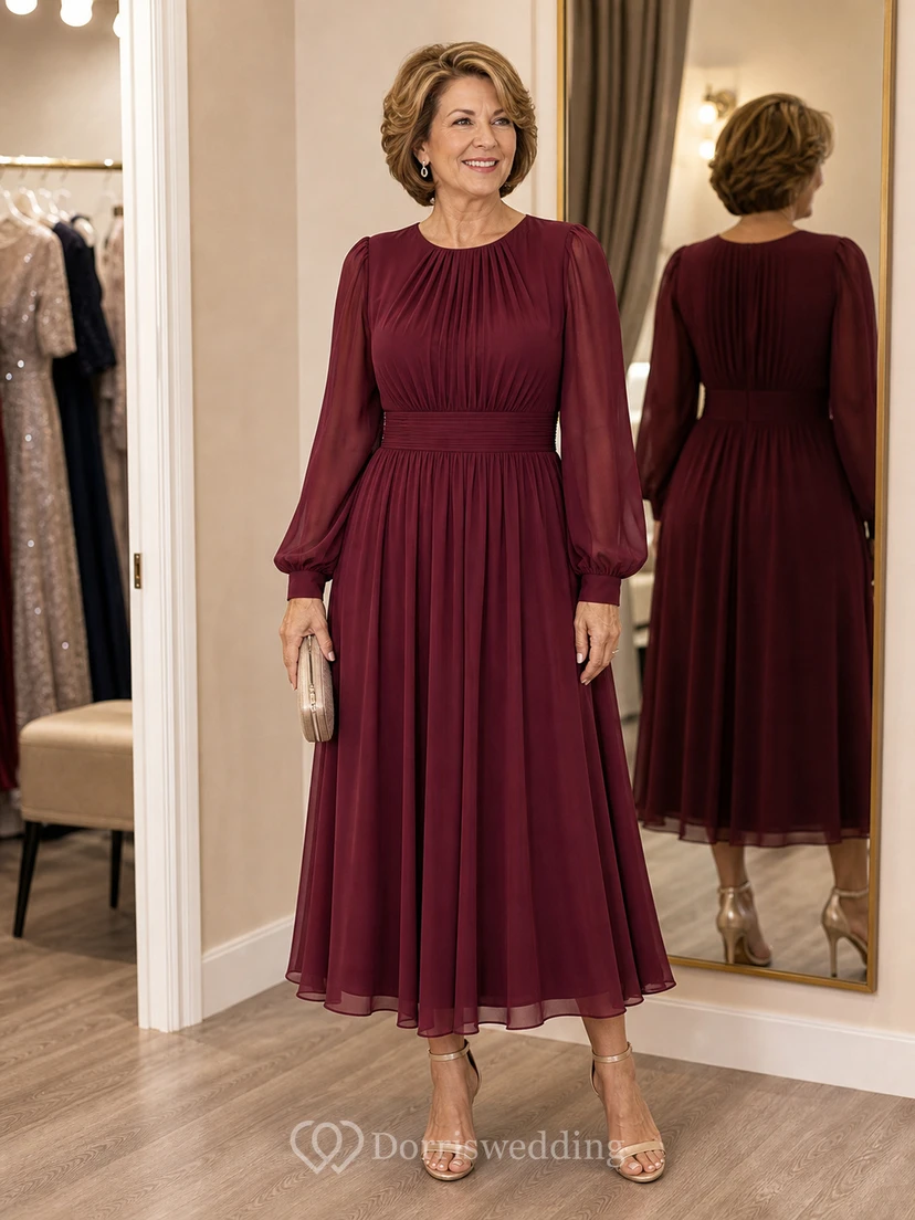 Jewel Neck Long Sleeve Chiffon Tea-Length Dress view 12