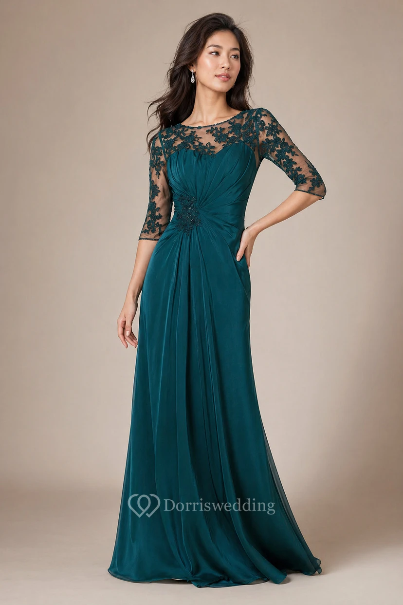 Half-Sleeved A-Line Long Mother Of The Bride Dress With Keyhole Back And Appliques view 12