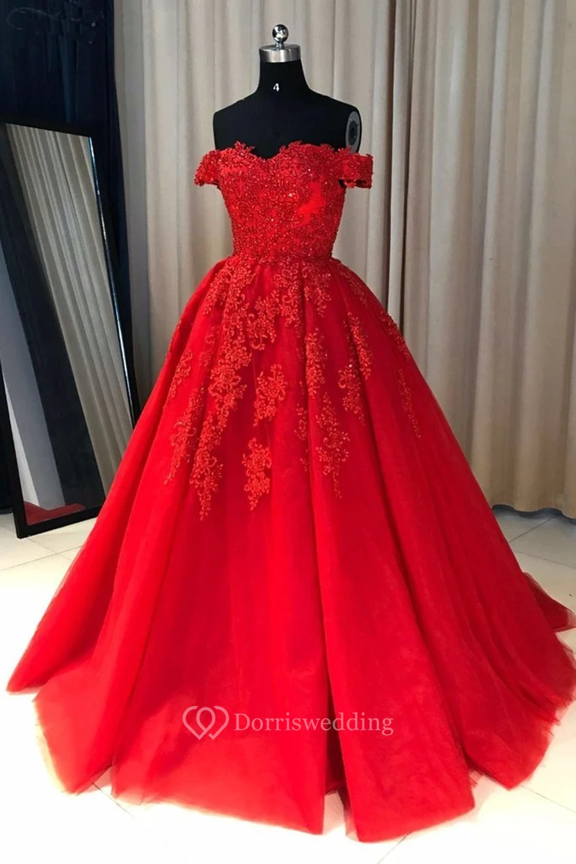 Ball Gown Lace Tulle Off-the-shoulder Short Sleeve Zipper Dress