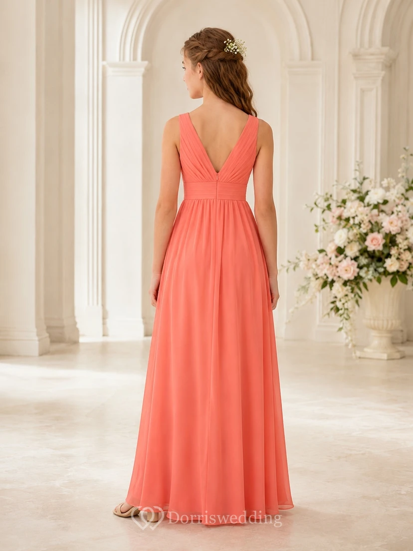 Vestido de dama de honor juvenil color coral, corte en A, largo hasta el suelo, escote en V, sin mangas, corpiño sencillo, estilo romántico. view 2