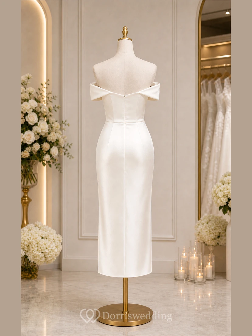 Robe de mariée midi en satin ivoire à épaules dénudées, longueur thé view 8