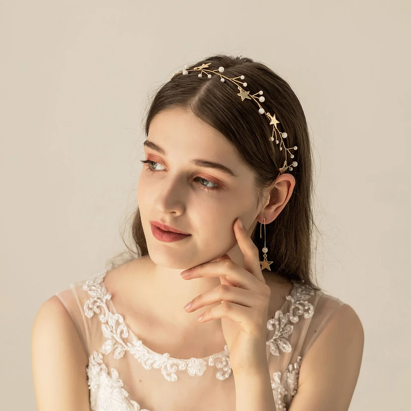 Golden Beaded Bridal Headbands and Earrings with Stars  view 2
