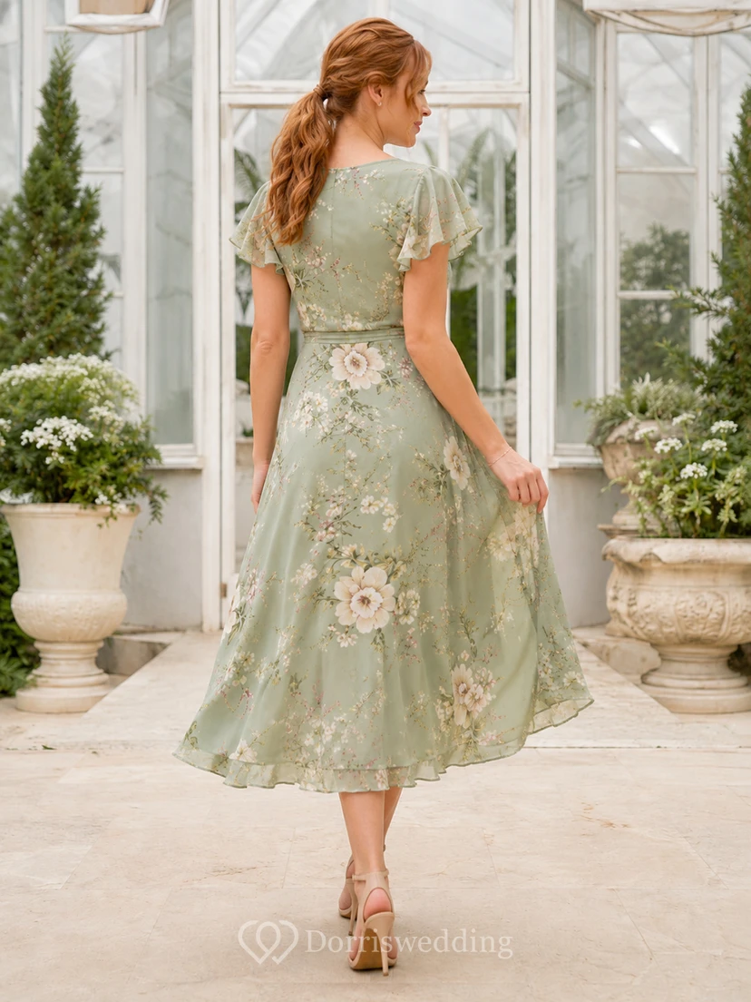 Robe de soirée asymétrique à col V et manches papillon, imprimé floral sauge view 2
