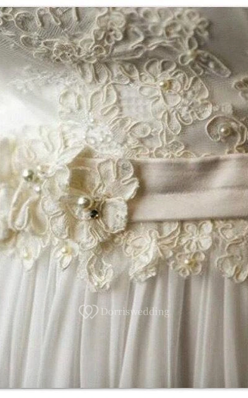 Langes Chiffon-Spitzenkleid zur Erneuerung des Eheversprechens mit Perlenblume view 3