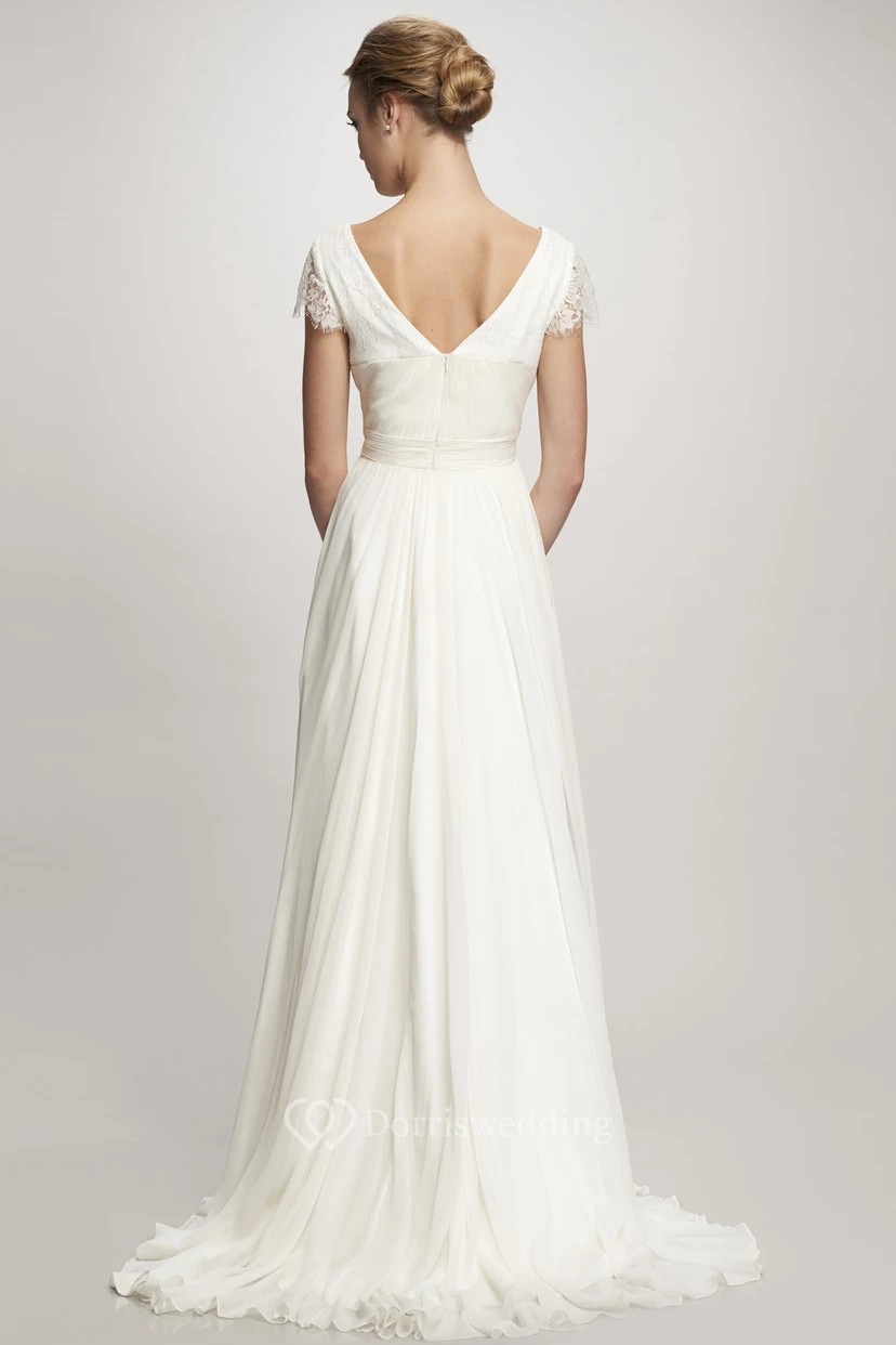 Bateau Maxi Ruched Cap-Sleeve Chiffon Wedding Dress With Sweep Train And V Back view 2