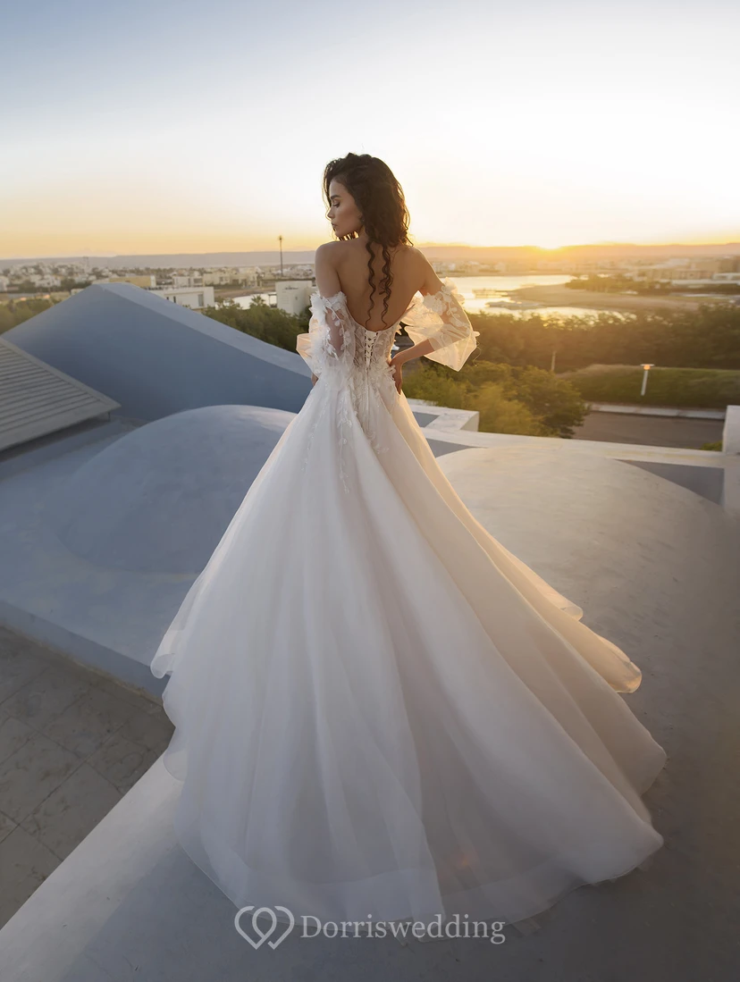 Illusion schulterfreies Tüll-Ballkleid mit Spitzenapplikationen – Hochzeitskleid view 2