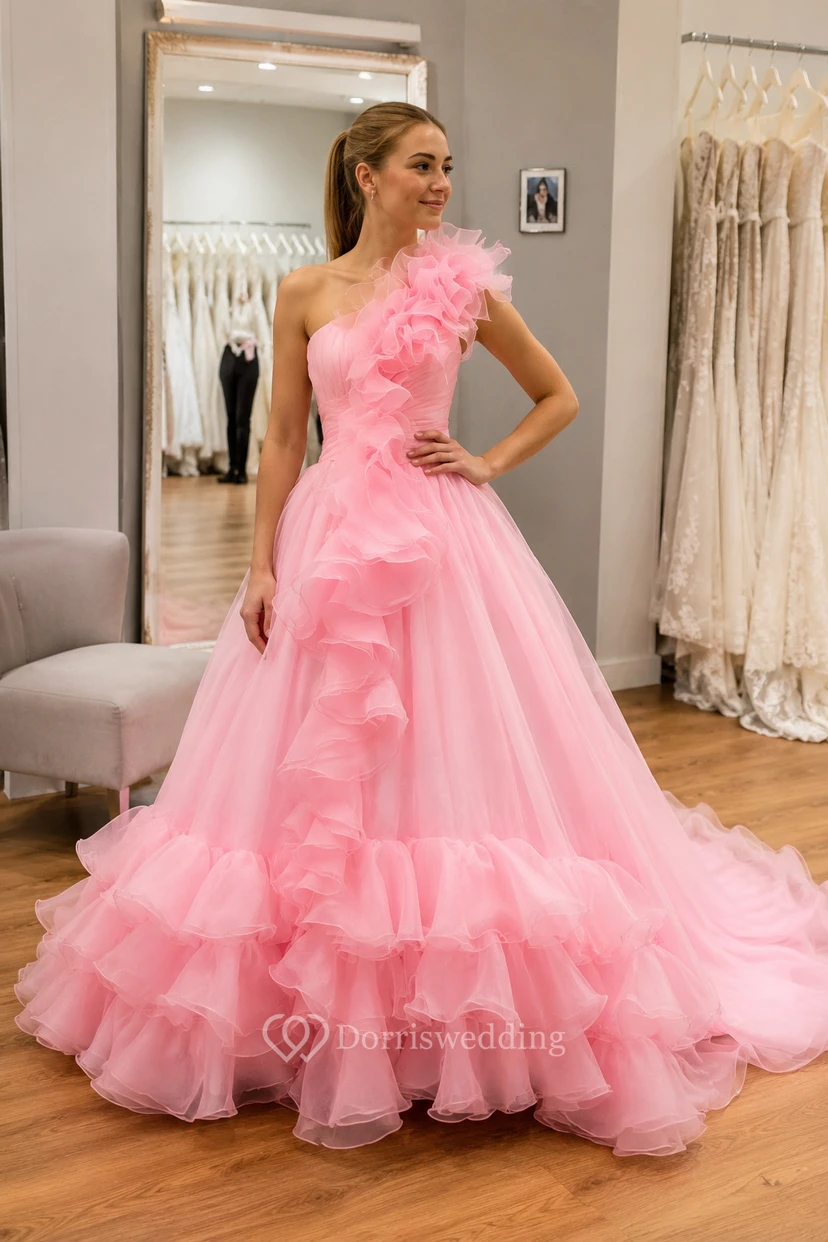 One-Shoulder A-Line Ruffled Draping and Dress With Tiers