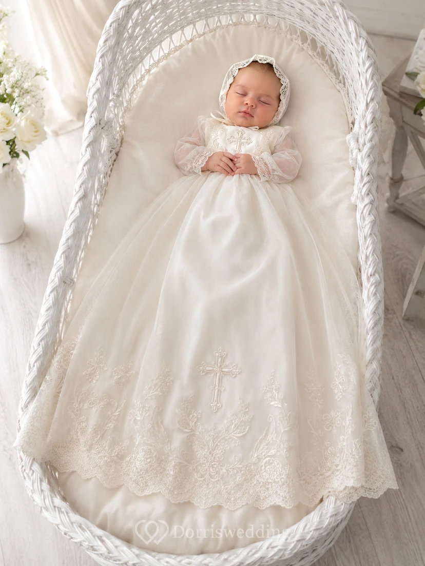 Cross Embroidered Baptism Gown A-Line Tulle Lace Long Sleeve Floor-Length view 2