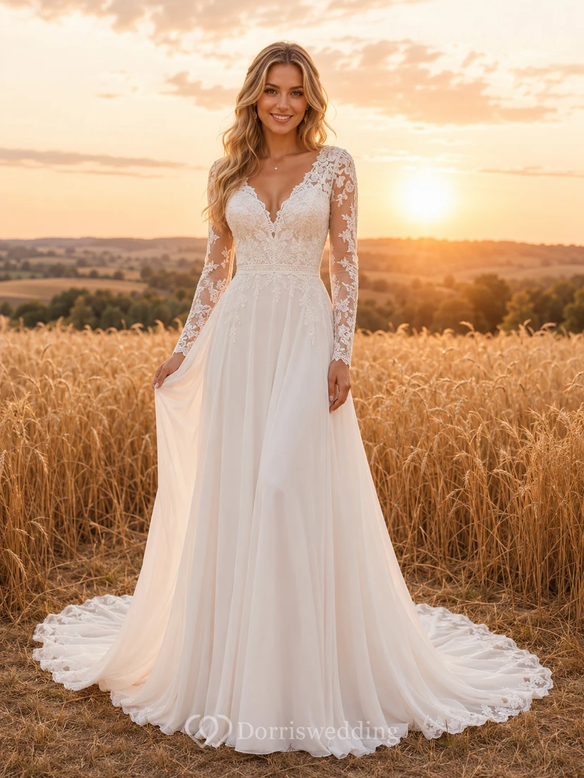 Brautkleid im Landhausstil mit Spitze, A-Linie, herzförmigem Schnitt, langen Ärmeln, Schleppe und tiefem V-Ausschnitt am Rücken
