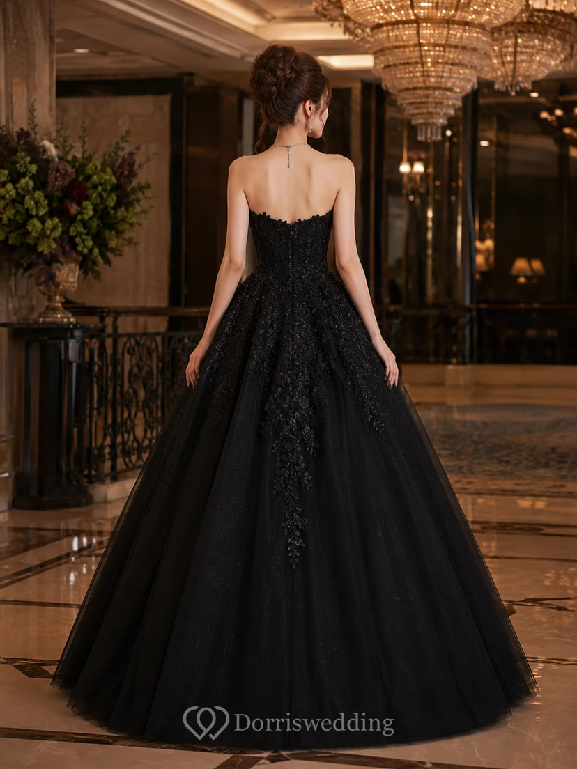 Banquet Black Strapless Floral Applique Ball Gown Formal Dress view 2