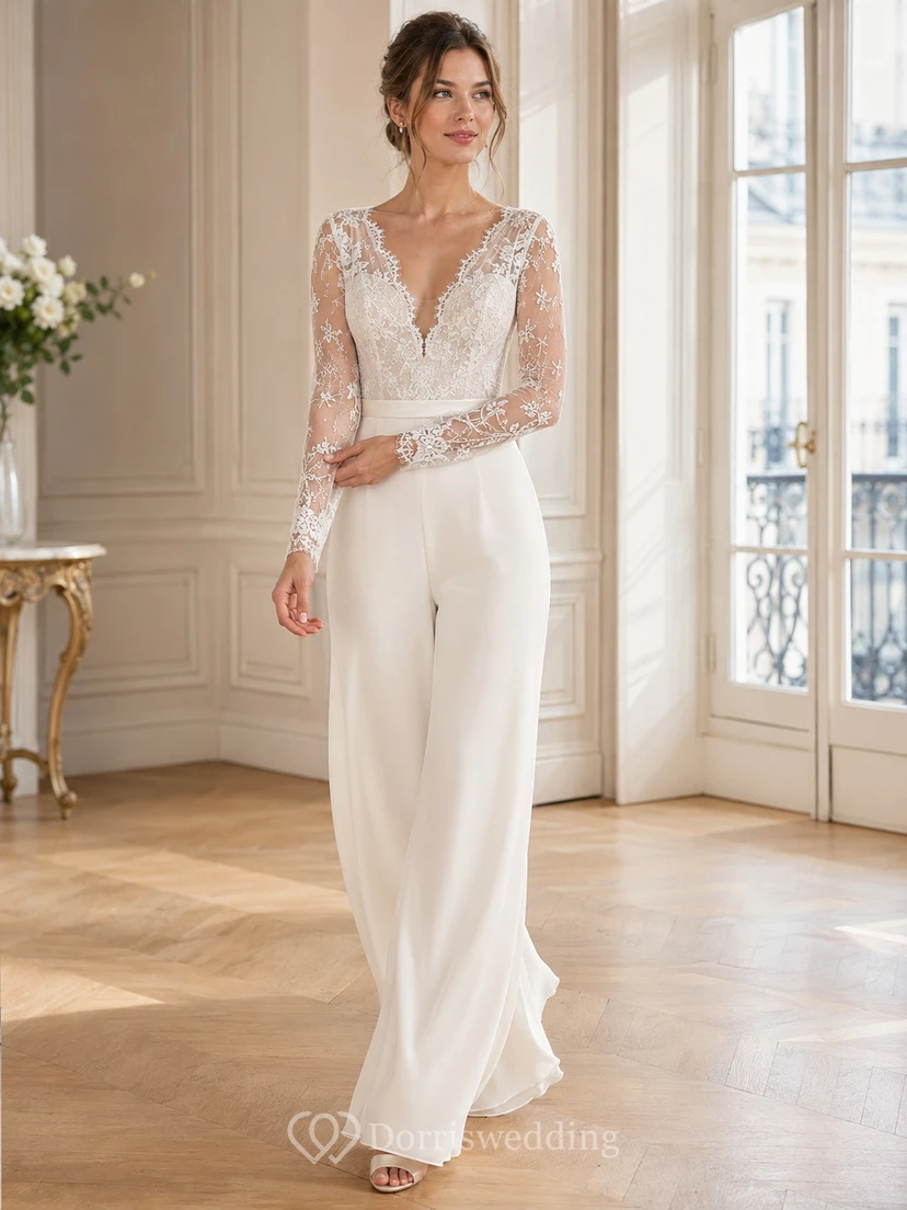 Romantic Deep V Long Illusion Lace Sleeve Wide Leg Wedding Jumpsuit