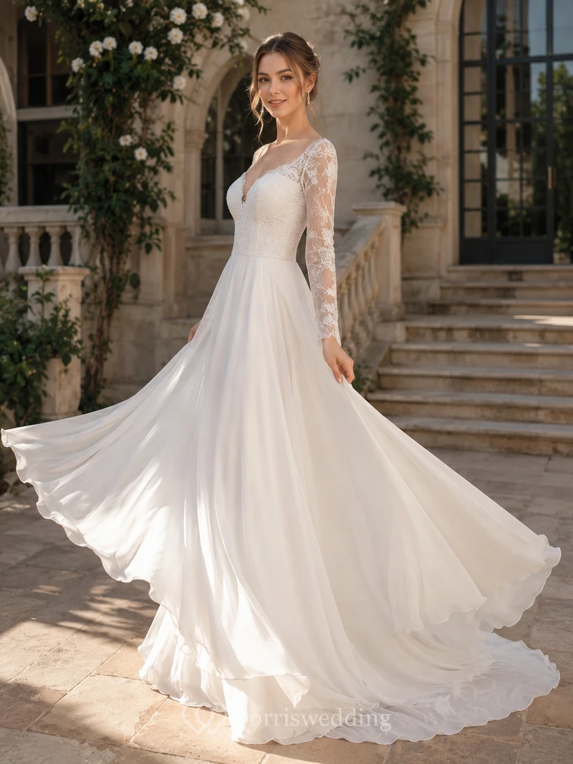 Lässiges Chiffon-Hochzeitskleid mit V-Ausschnitt und langen Ärmeln view 6