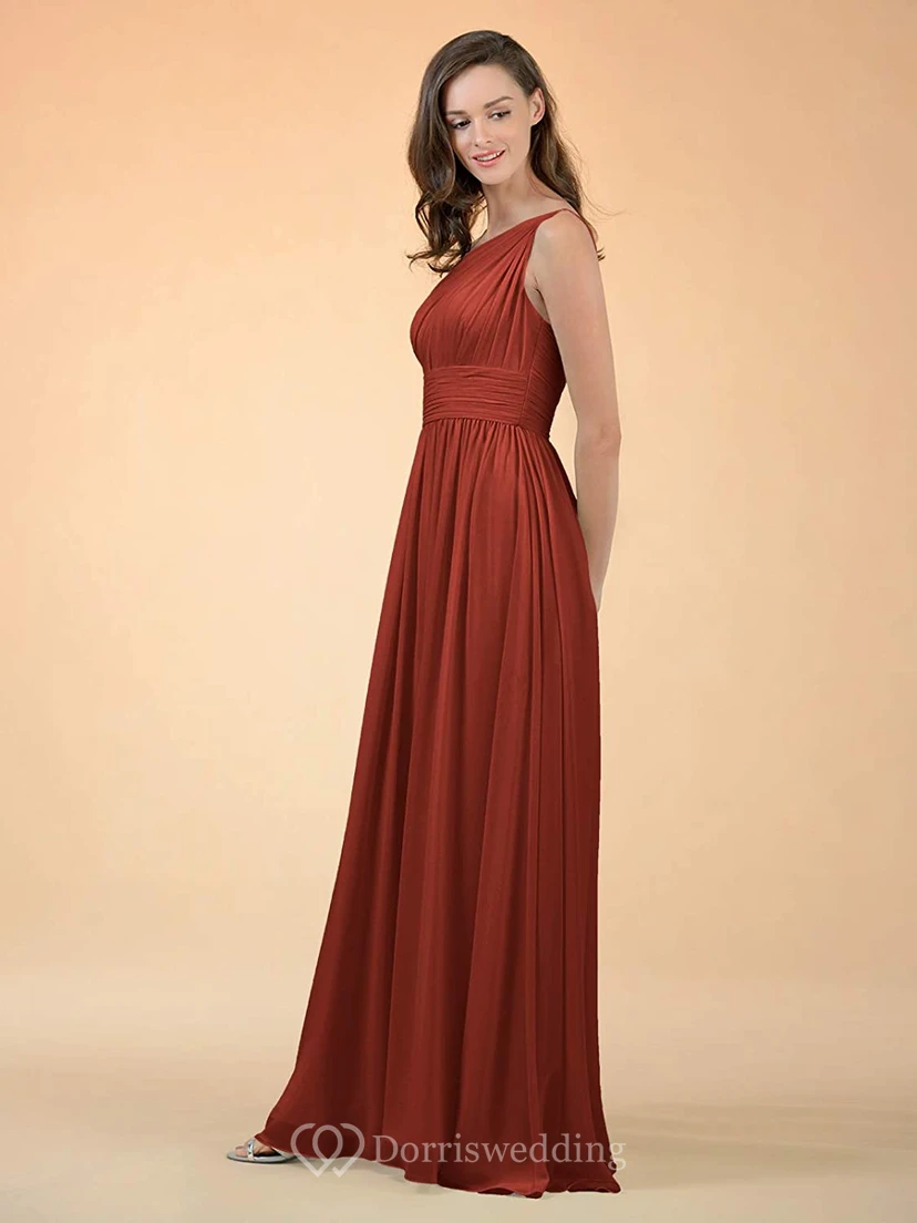 Simple One-shoulder A Line Sleeveless Floor-length Chiffon Bridesmaid Dress With Ruching view 16