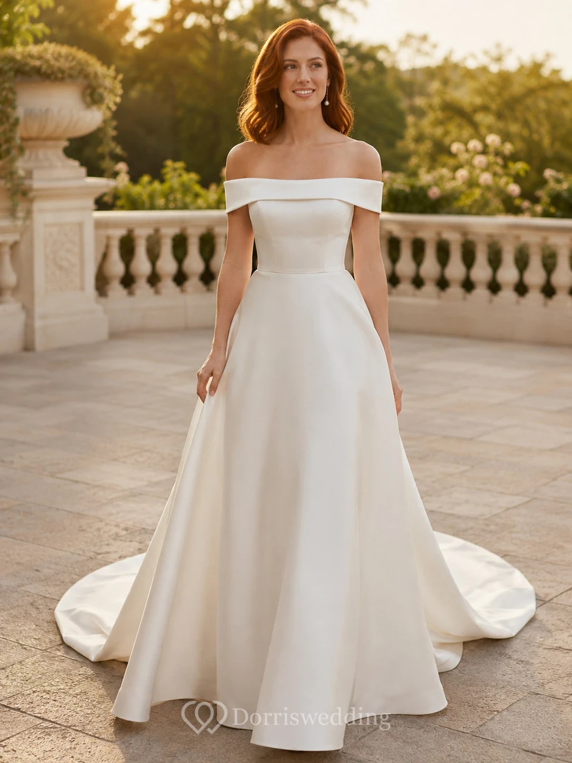 Brautkleid aus Satin, A-Linie, schulterfrei, kurze Ärmel, Kapellenschleppe, tiefer V-Ausschnitt am Rücken