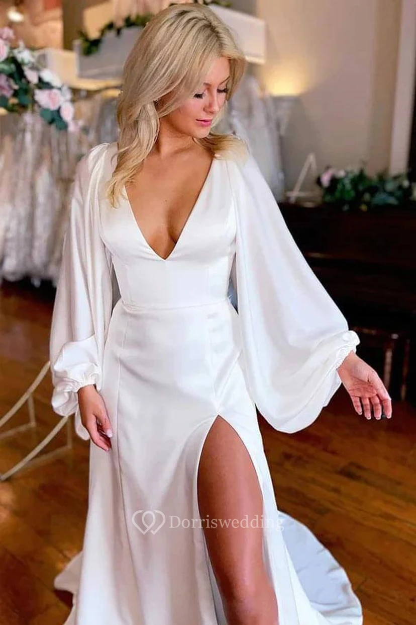Lässiges Brautkleid mit V-Ausschnitt am Rücken, Puffärmeln, langem Vorderschlitz und tiefem V-Ausschnitt am Rücken view 3