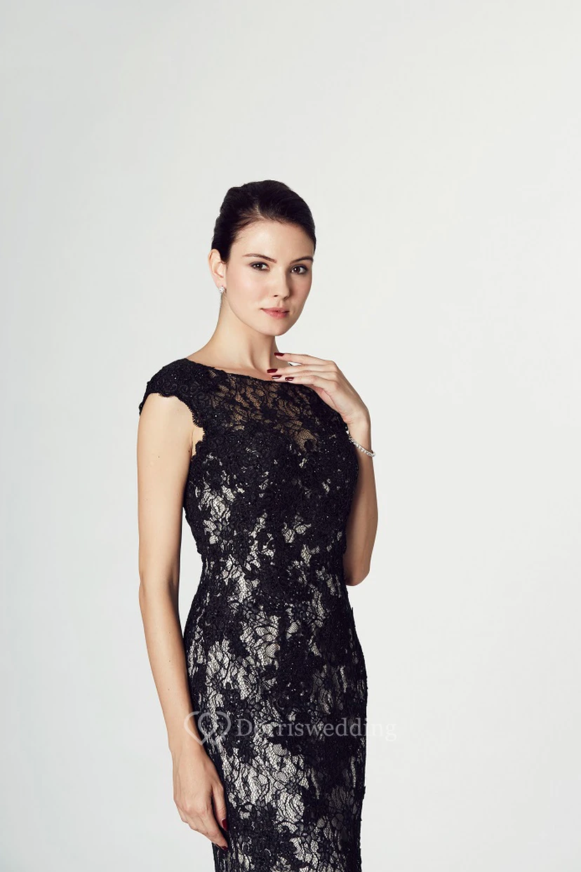 Sheath Cap-Sleeve Appliqued Maxi Scoop Lace Prom Dress With Illusion Back And Sweep Train view 4