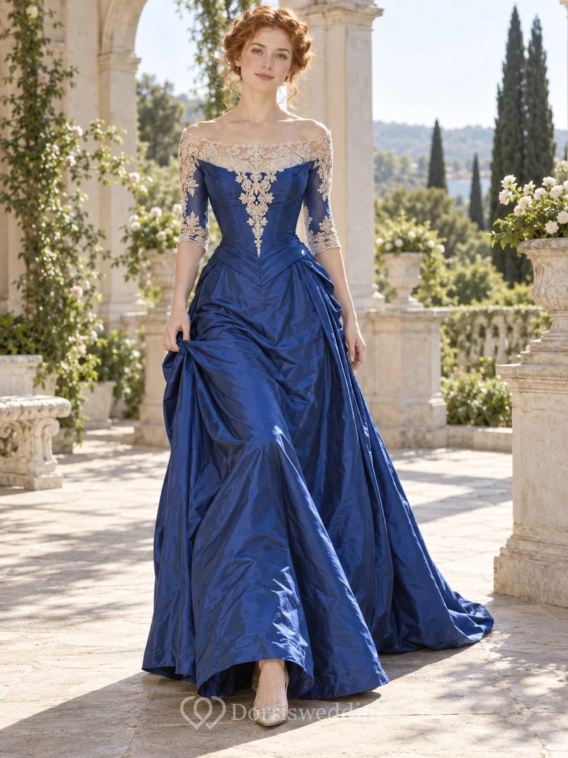 Vintage Edwardian Blue Bateau Lace Sleeve Draped Satin Formal Evening Gown