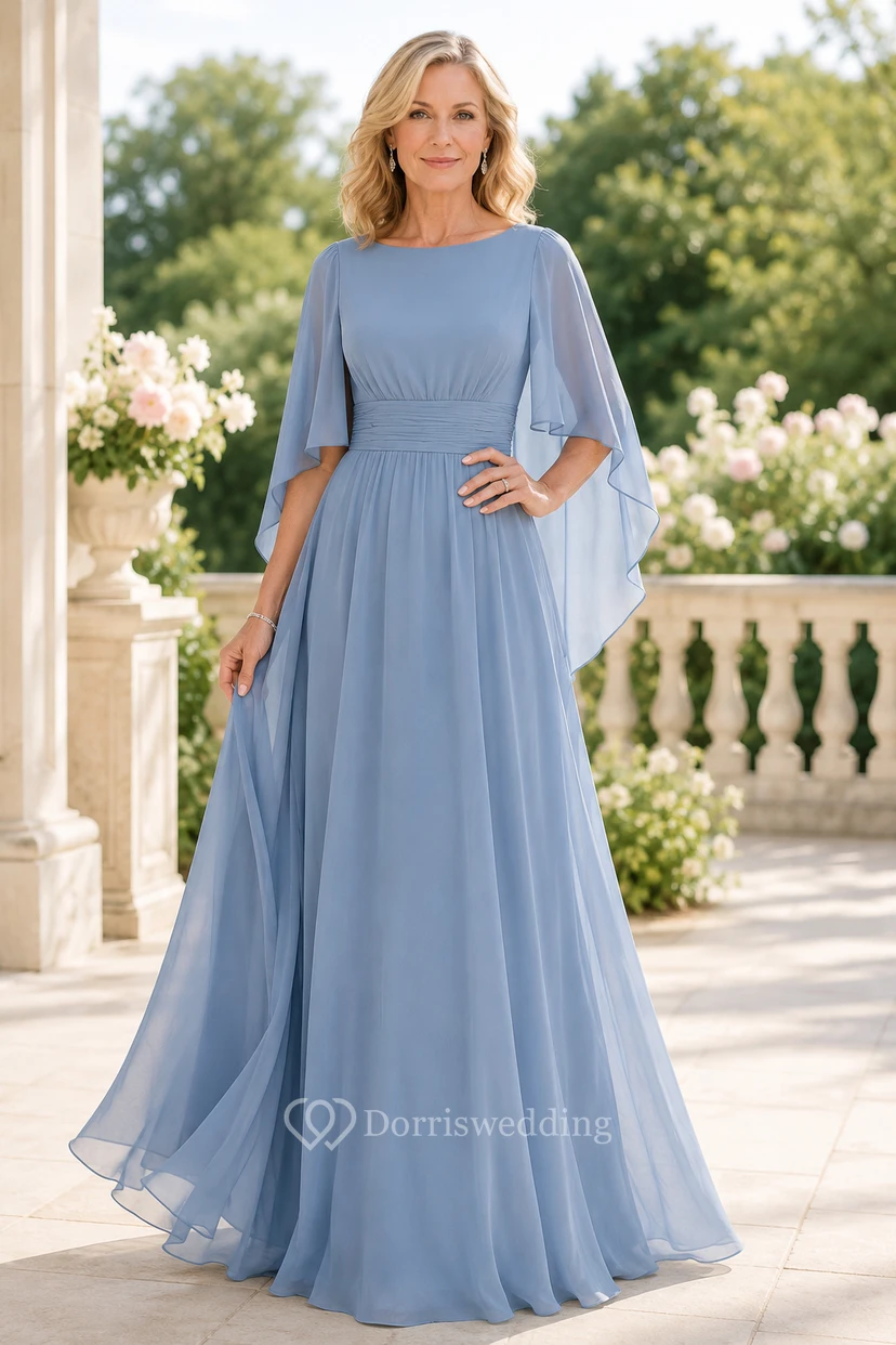 Stahlblaues Chiffon-Kleid in A-Linie mit Capeärmeln