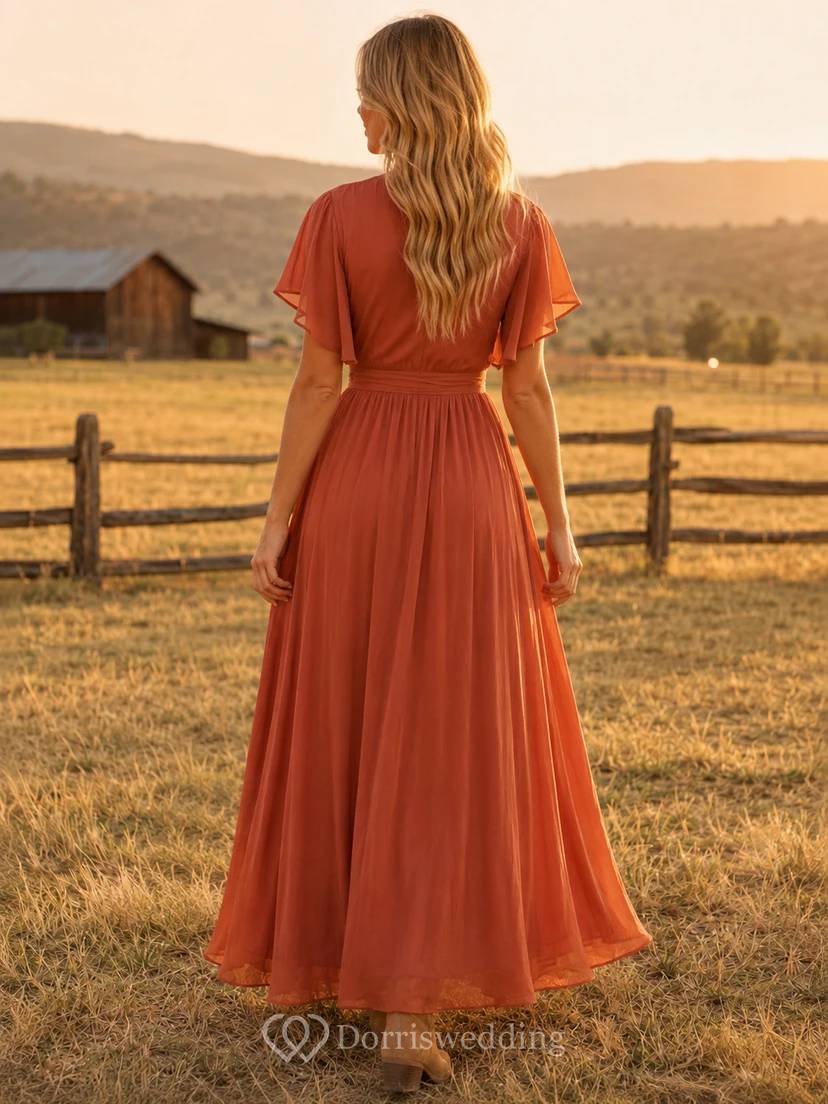 Terracotta V-neck flutter sleeve ranch wedding guest maxi dress view 2