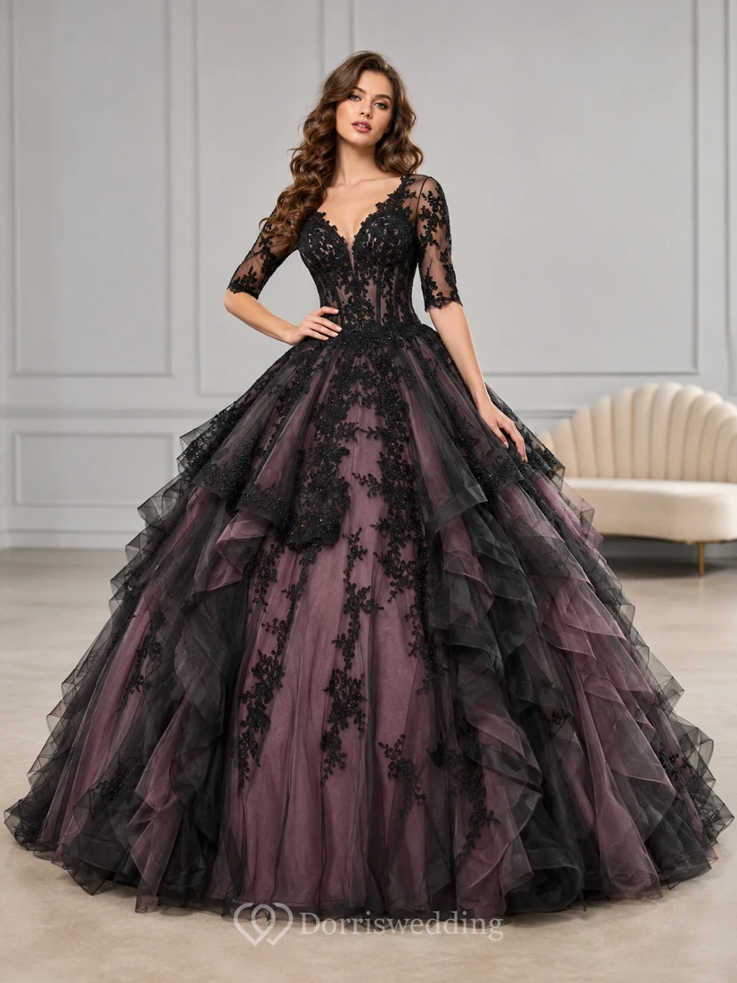 Vintage Mauve Black V Neck Half Sleeve Layered Lace Quinceanera Princess Ball Gown