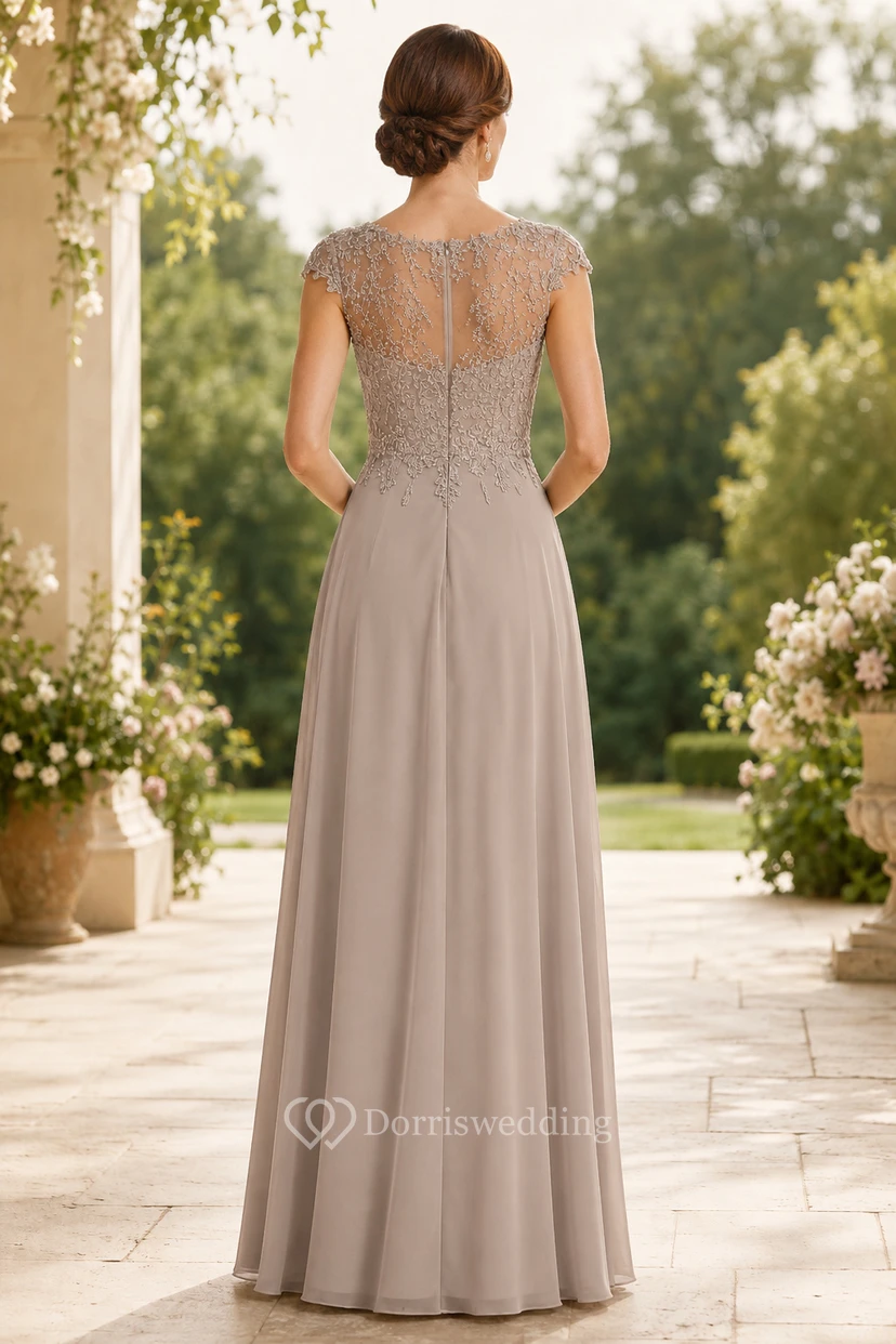 Taupe Lace Bodice Chiffon A-Line Mother Dress With Cap Sleeves view 2