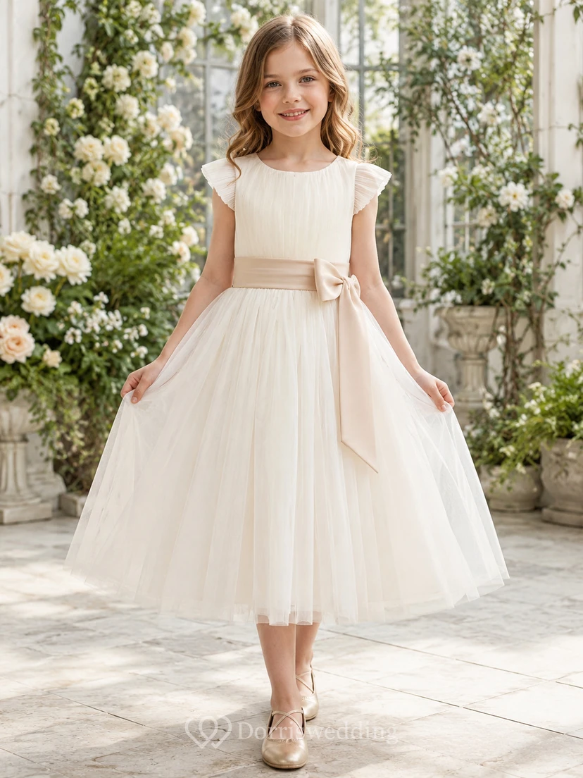 Simple Tea-Length A-Line Garden Flower Girl Satin Tulle Bow Pleated Jewel Neck Dress