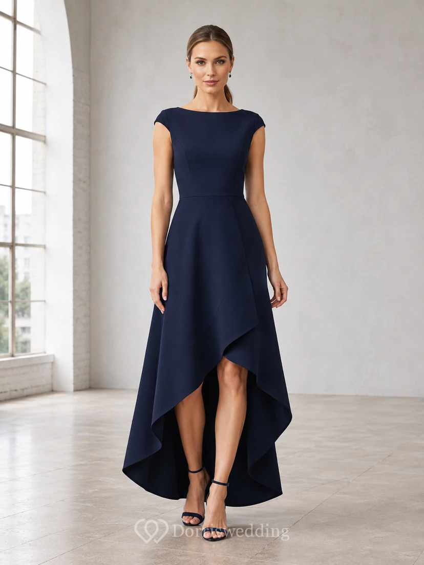 Dark Navy Bateau High-low Chiffon Dress