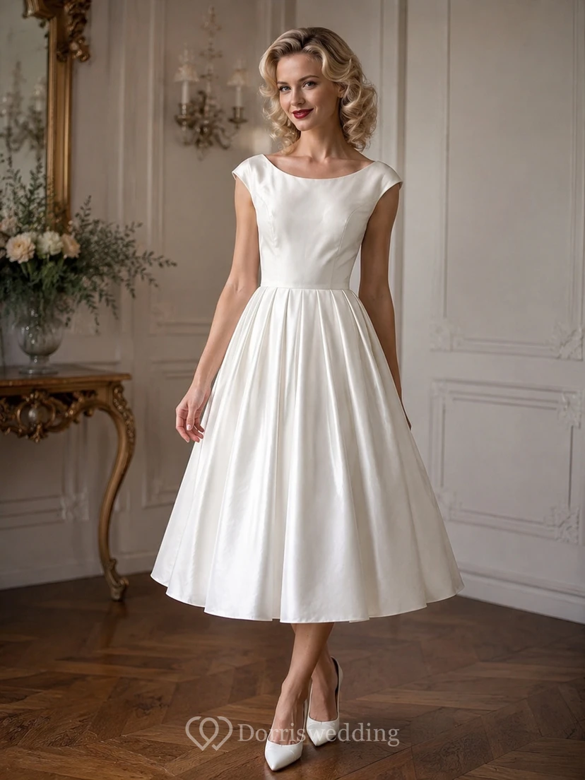 Scoop-neck Cap Satin Empire A-line Tea-length Retro Wedding Dress view 2