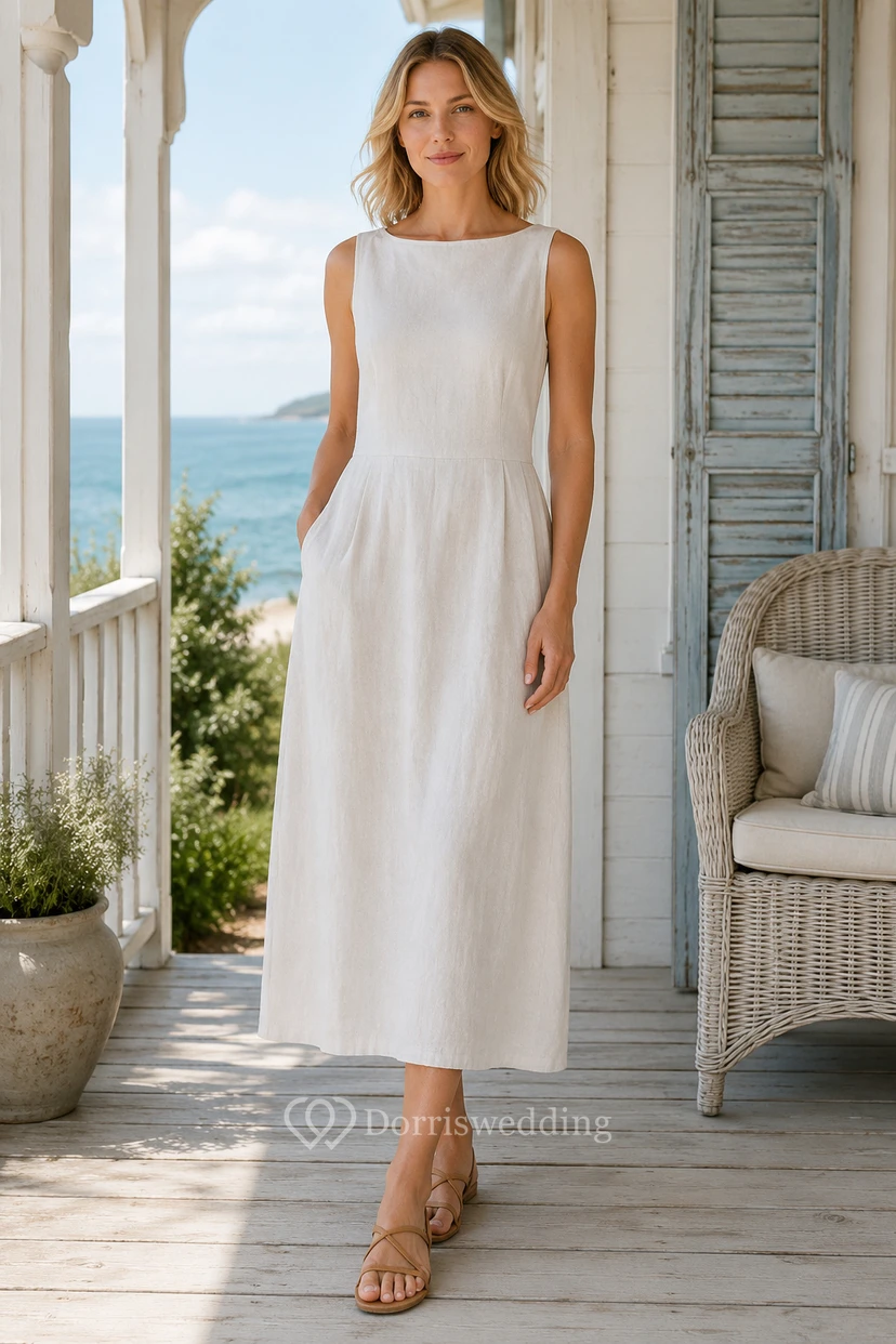 Vestido de invitada de boda blanco de gasa, corte en A, escote barco, sin mangas, largo midi.