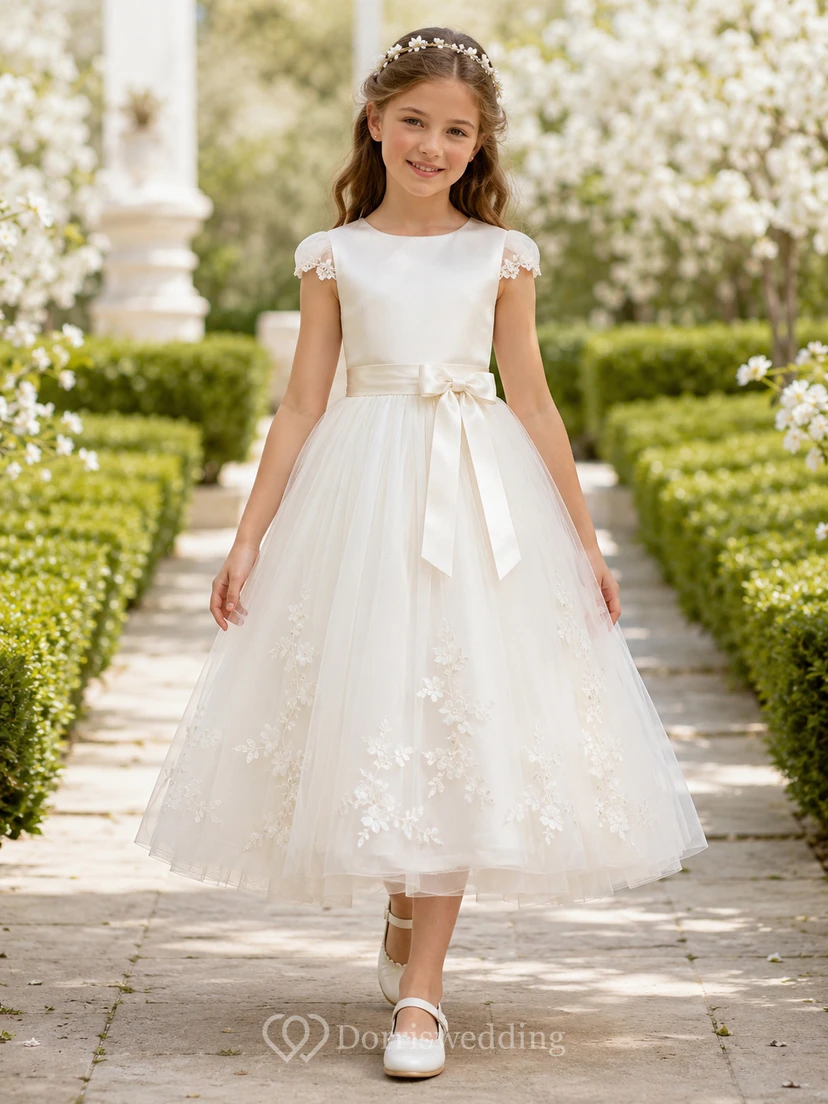 Robe de demoiselle d'honneur mi-longue en tulle à manches courtes et applications florales, pour communion