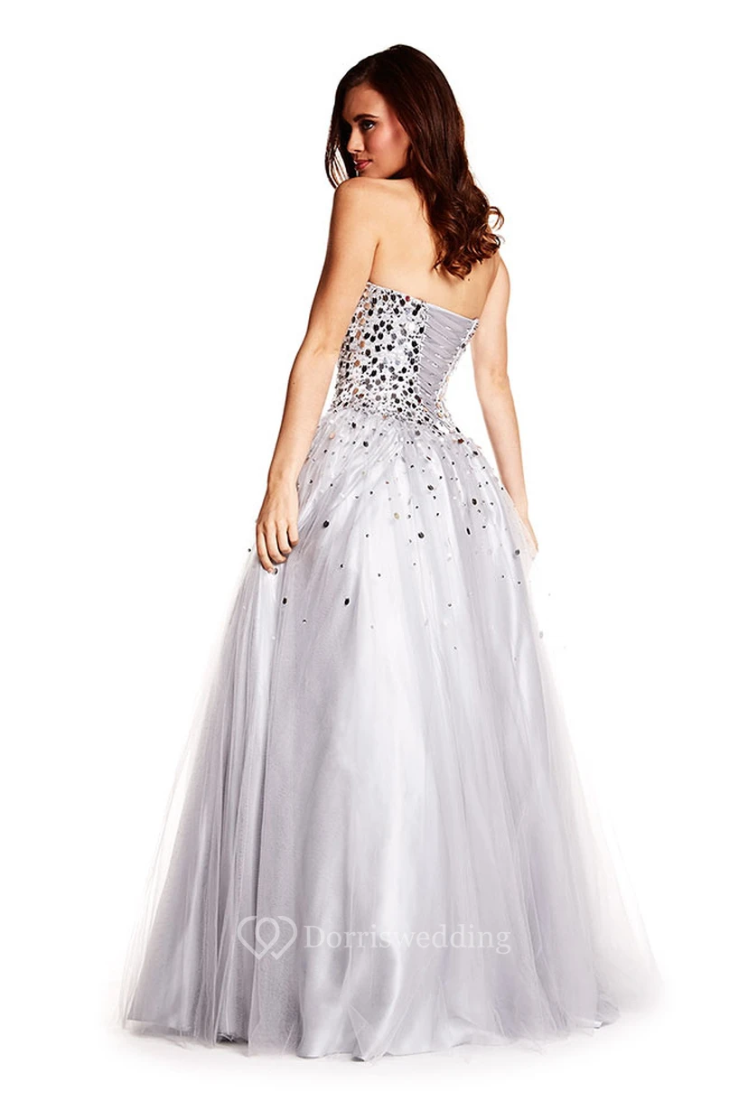A-Line Sleeveless Floor-Length Sequined Sweetheart Tulle Prom Dress view 2