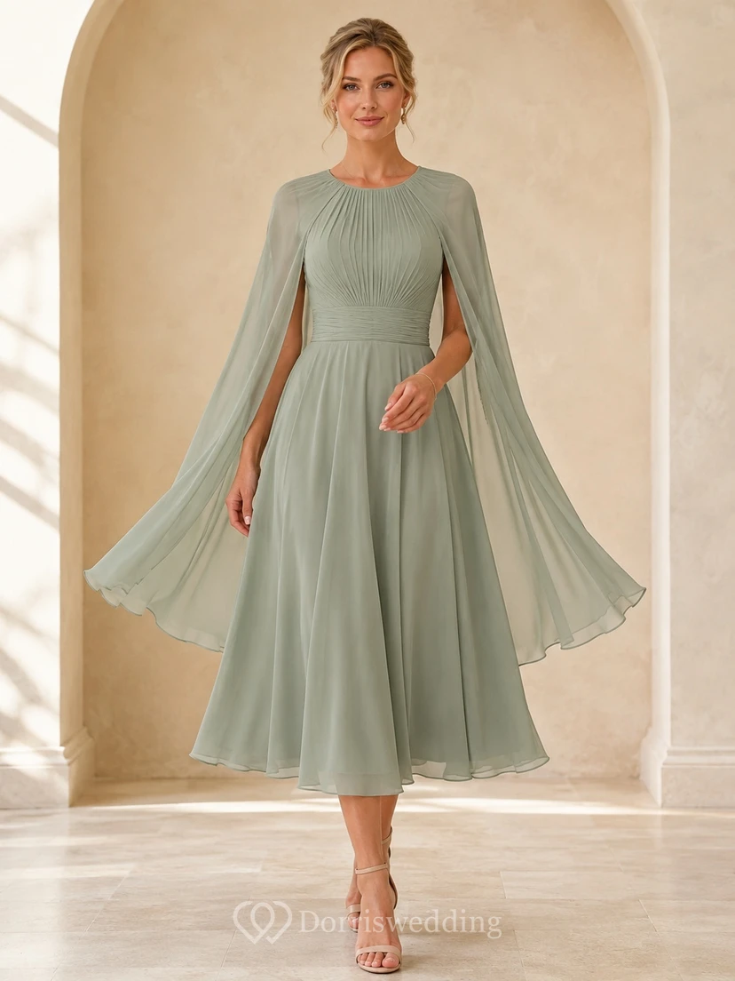 Vestido formal de gasa de corte A, largo hasta la rodilla, con cuello alto y manga larga, color verde salvia.