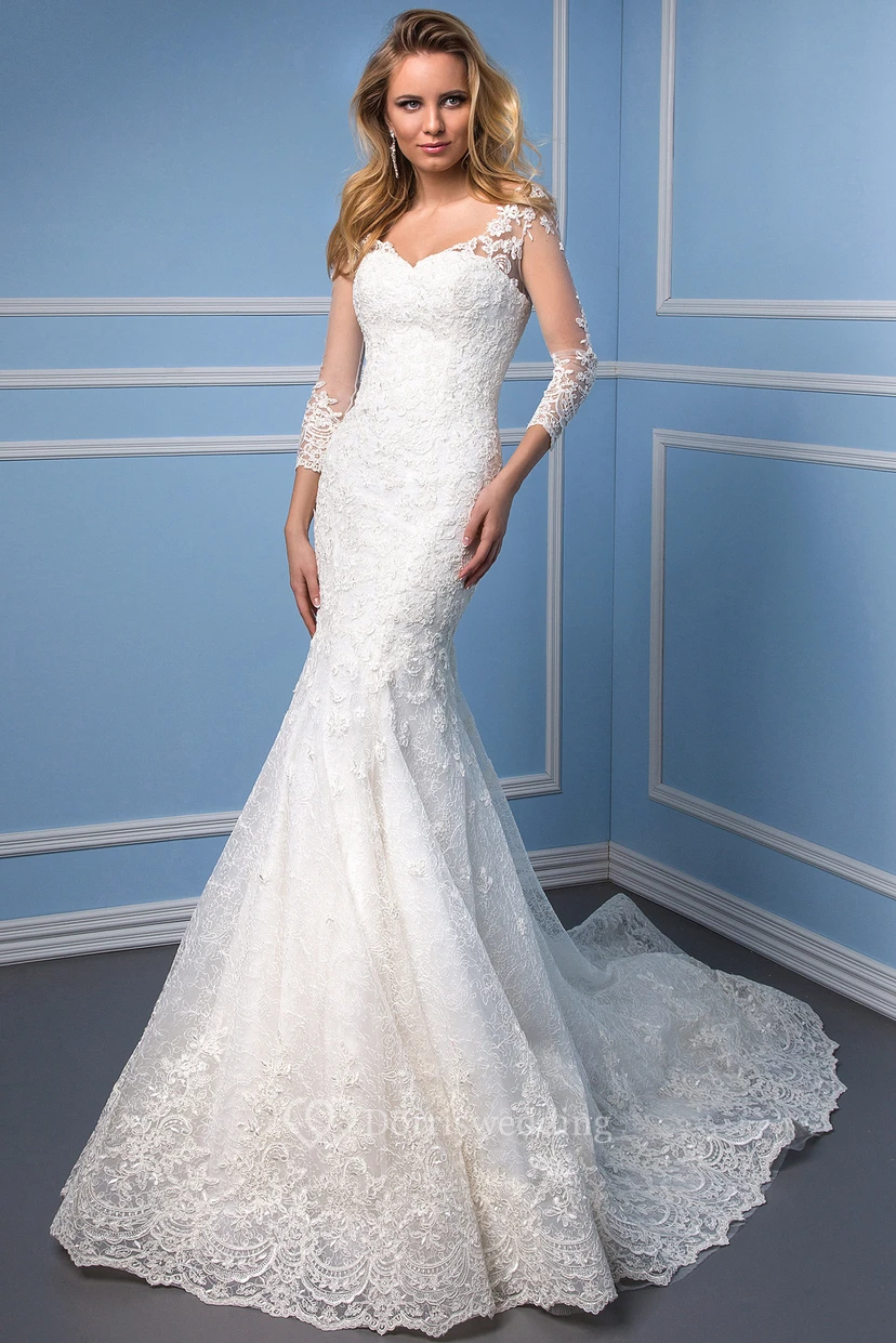 Mermaid 3-4 Sleeve V-Neck Appliqued Lace Elegant Wedding Dress With Chapel Train