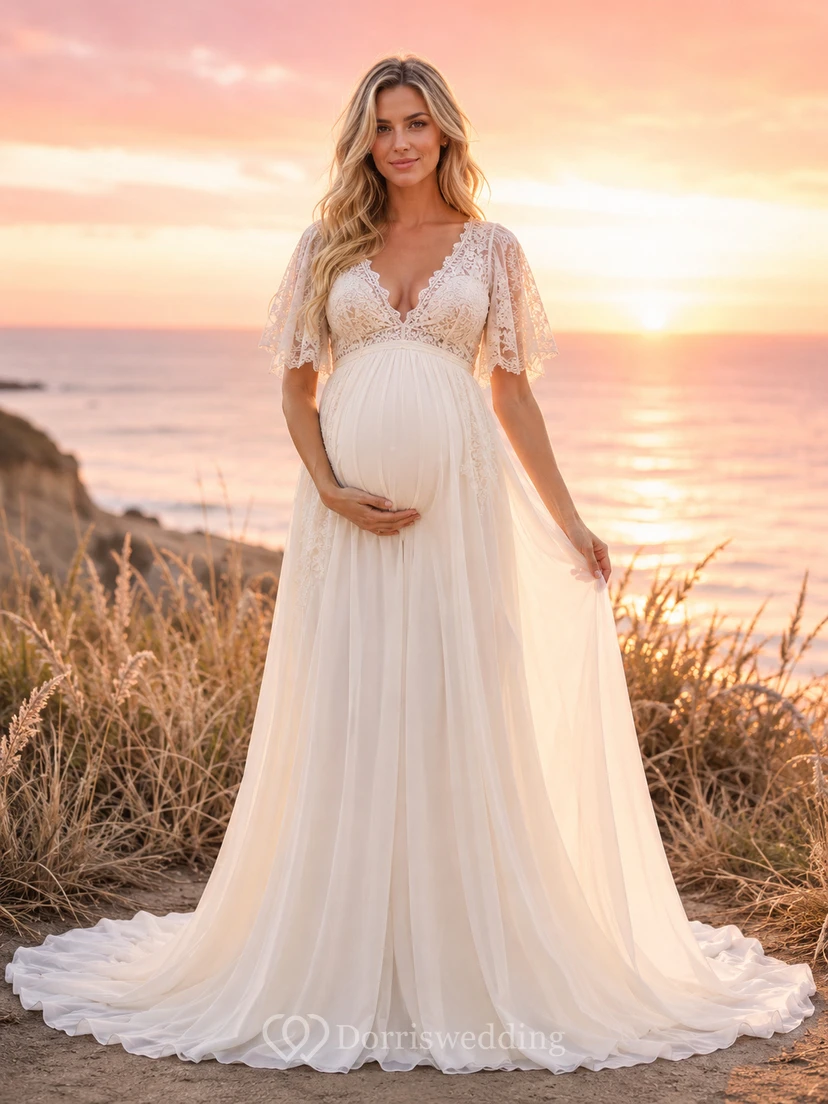 Maternity Wedding Dress V-Neck Flutter Lace Sleeve Sunset Beach Bridal Gown