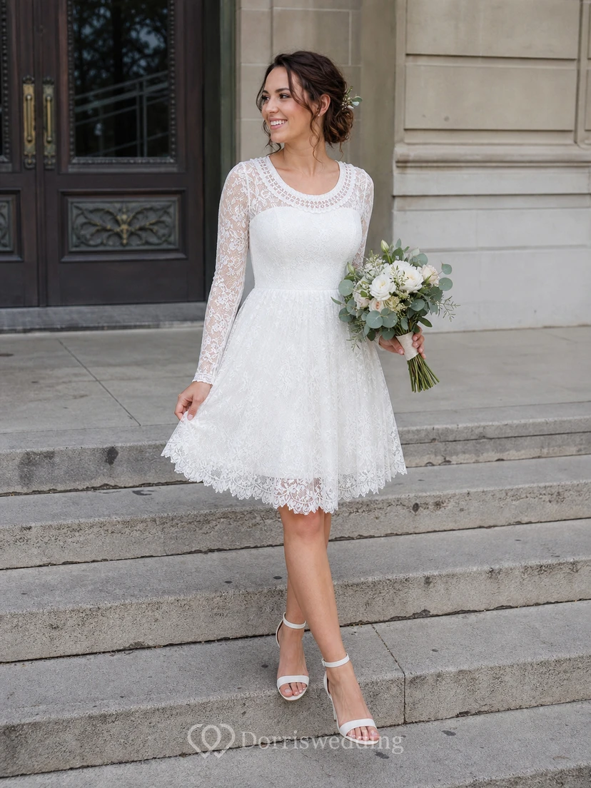 Robe de mariée classique de plage en dentelle à manches longues, longueur genou, ornée de perles view 8