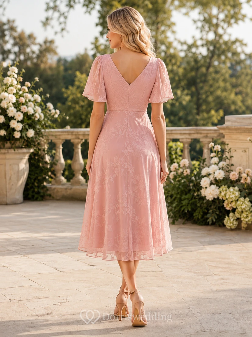 Blush V Neck Lace Flutter Sleeve Guest Dress view 2