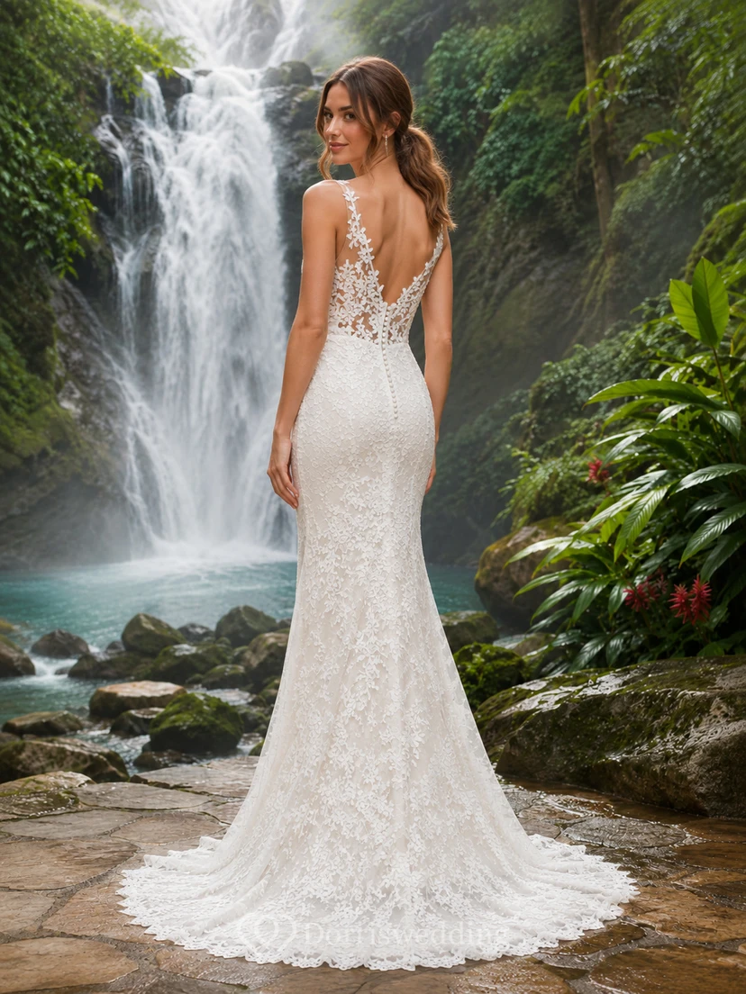 Robe de mariée sirène en dentelle à décolleté plongeant et dentelle, style spaghetti, coupe sirène, idéale pour un mariage de destination. view 2