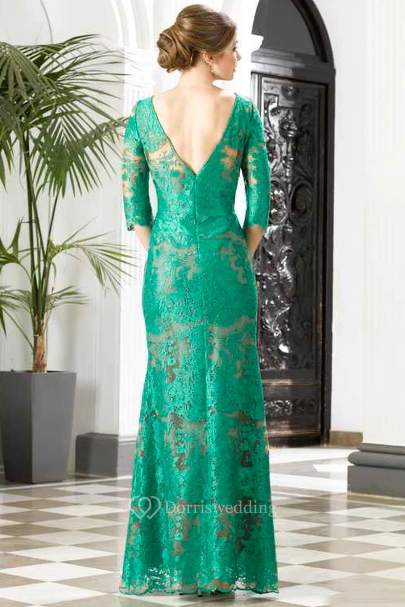 Sheath Floor-Length Bateau 3 4 Length Sleeve Lace Appliques Low-V Back Dress view 2