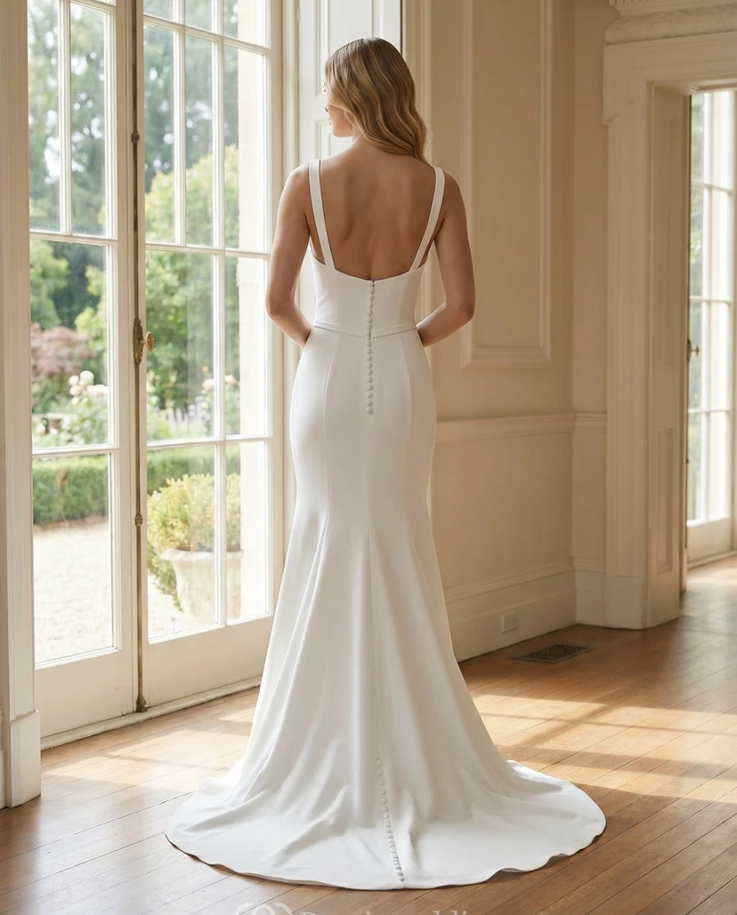 Minimalist Wedding Dress Mermaid Square Neck Sleeveless Satin Bridal Gown view 2
