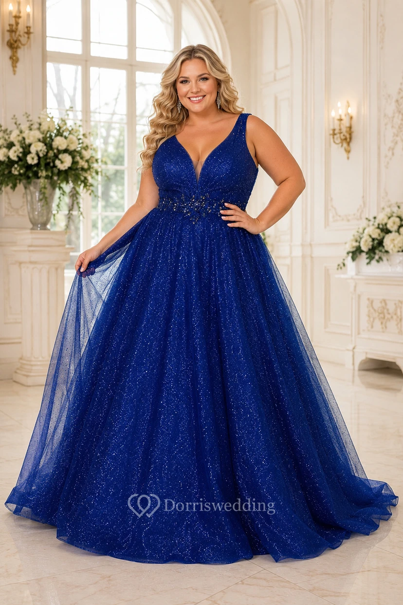 Royal Blue Plus Size Glitter Tulle Ball Gown with V-Neck for Prom Quinceanera and Formal Celebrations