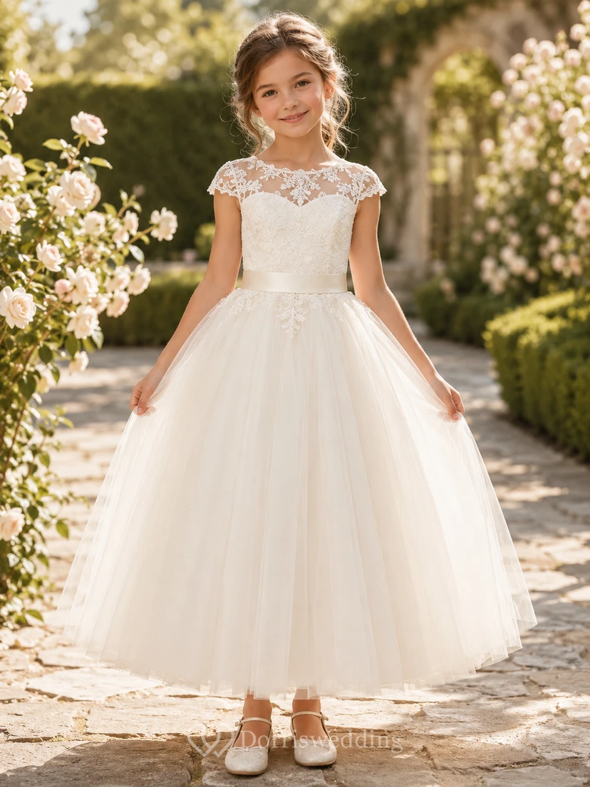 Tüll-Blumenmädchenkleid mit Puffärmeln