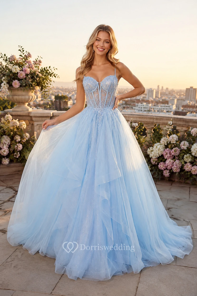 Sky Blue Tulle Ball Gown Prom Dress with Sweetheart Bodice and Full Skirt