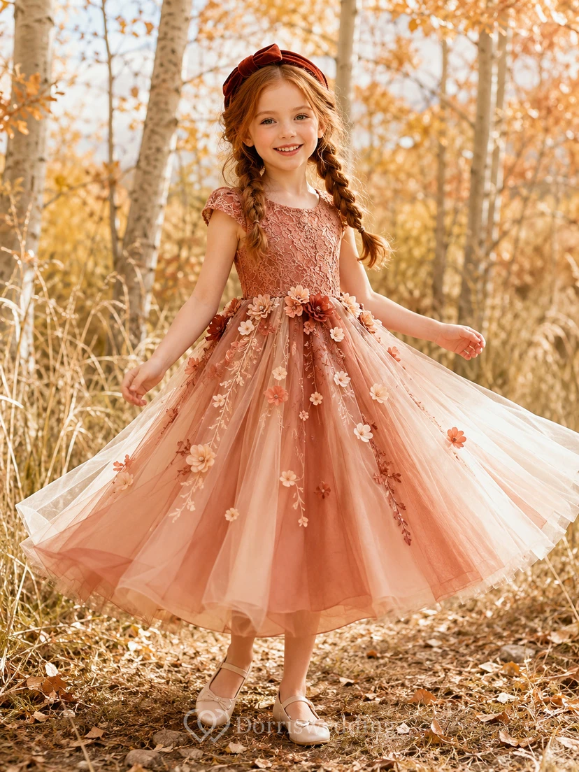 Adorable A-Line Flower Girl Dress with Jewel Neck Floral Appliqu¨¦ Coral Tulle Autumn Celebration