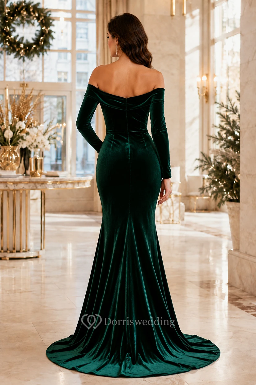 Dark Green Velvet Off Shoulder Long Sleeve Mermaid Evening Dress for Wedding Guests Cocktail Parties and Receptions view 2