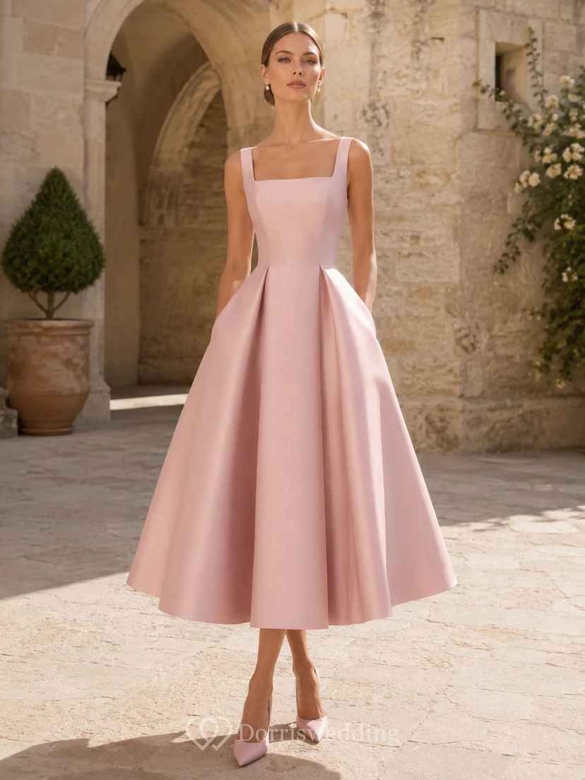 Vestido de novia moderno de corte A con tirantes cuadrados, largo hasta la rodilla, de satén, color rosa empolvado.