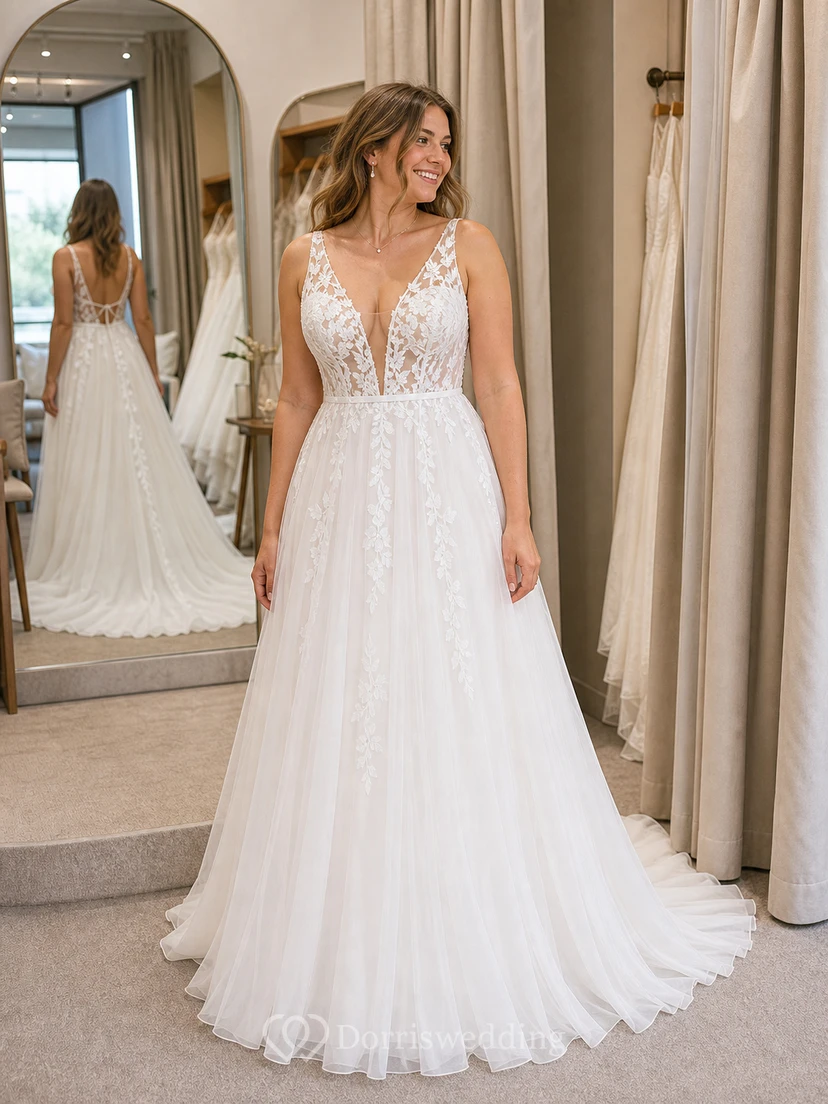 Sexy Boho-Brautkleid im Landhausstil mit V-Ausschnitt, ärmellos, A-Linie, Empire-Schnitt und Illusion-Schnitt aus Tüll – weiß view 6