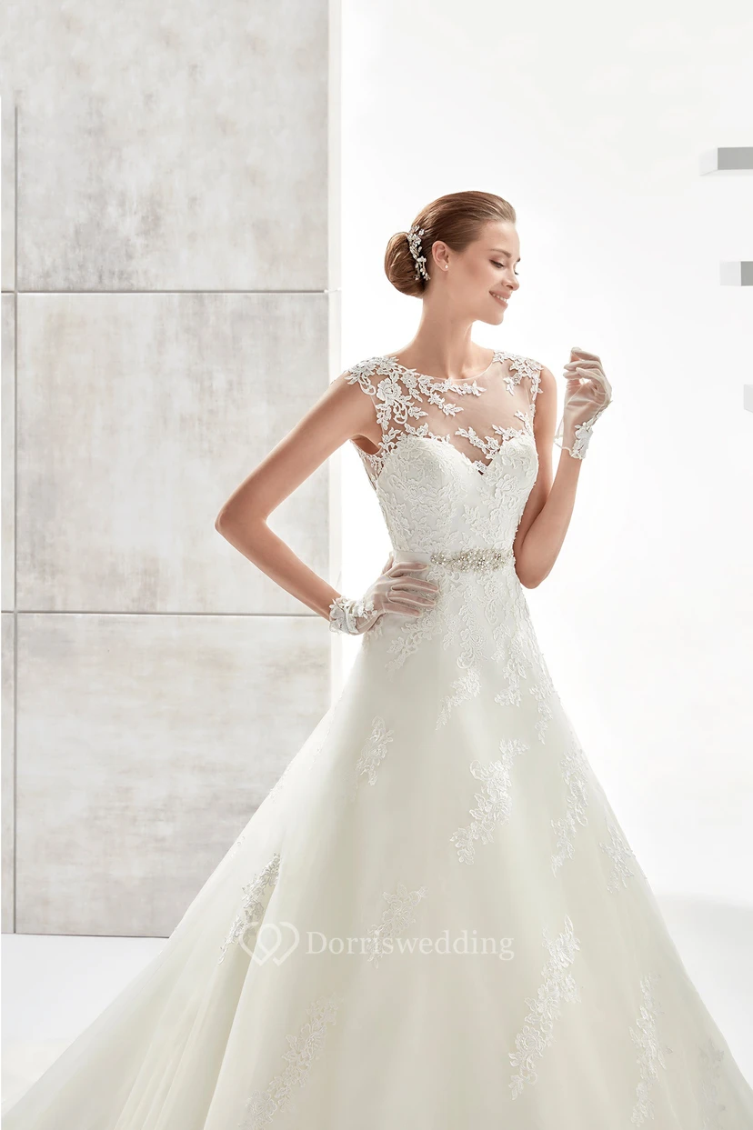 Jewel-neck A-line Wedding Dress With Beaded Belt and Illusive Design view 3