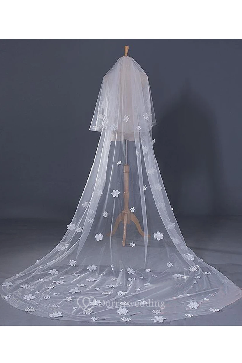 Latest Ethereal Style Cathedral Wedding Veil with Flower Appliques view 3