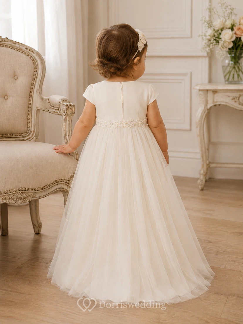 Cap Sleeve Christening Gown A-Line Tulle Lace Jewel Neck Soft Full Skirt view 2